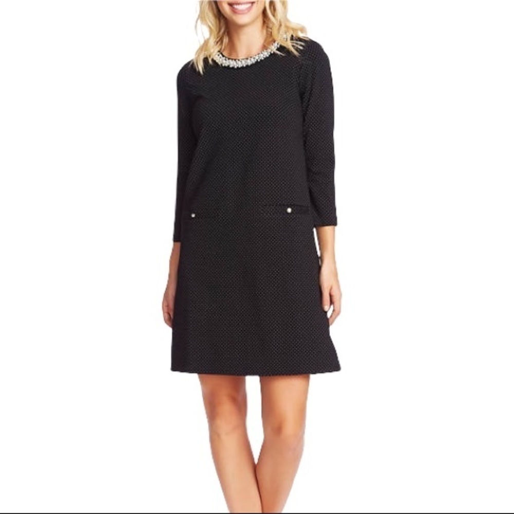 CeCe Black & White Pin Dot Ponte Dress Beaded Accent Collar XS NWT New